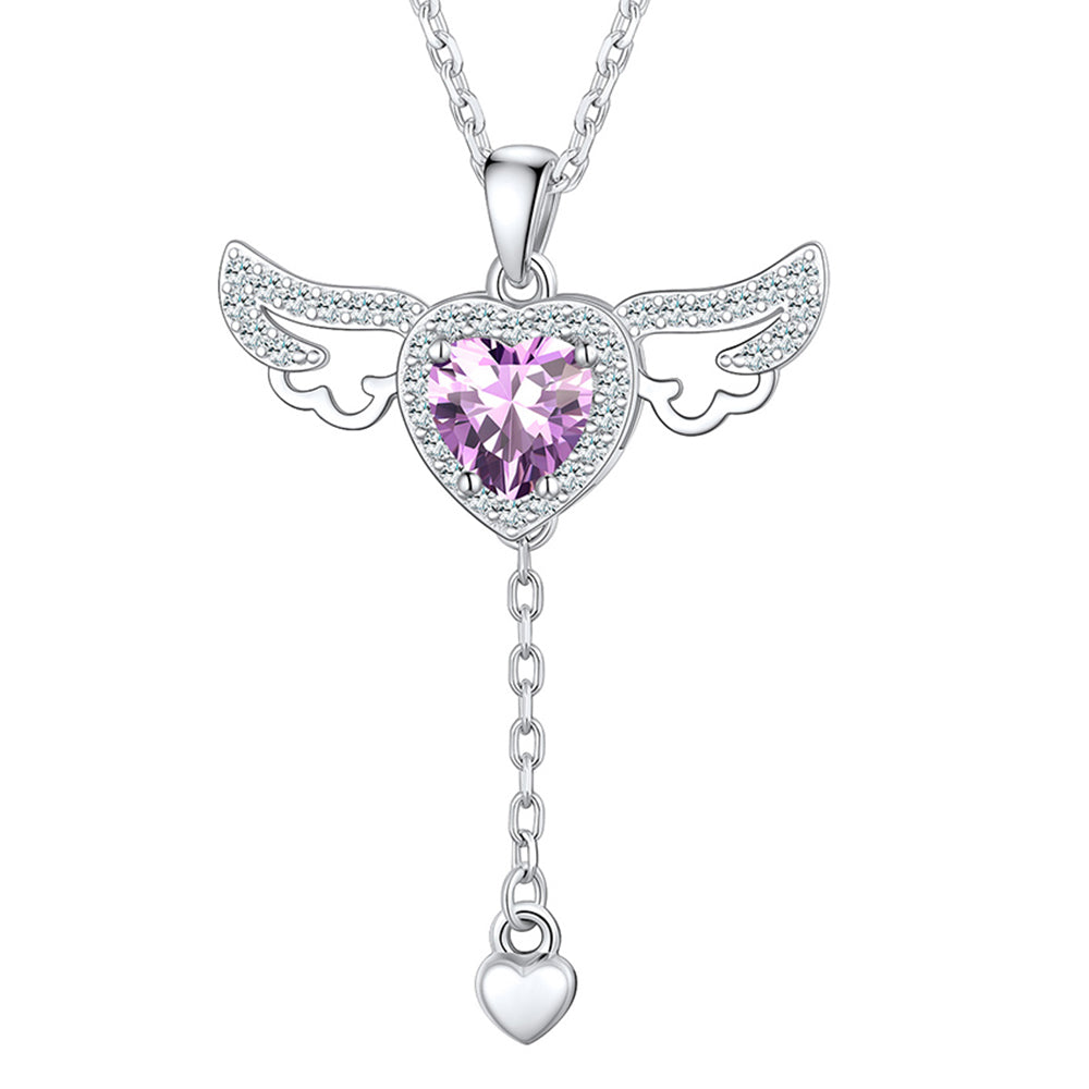 Sterling Silver Cupid Heart Birthstone Necklace With Angel Wings