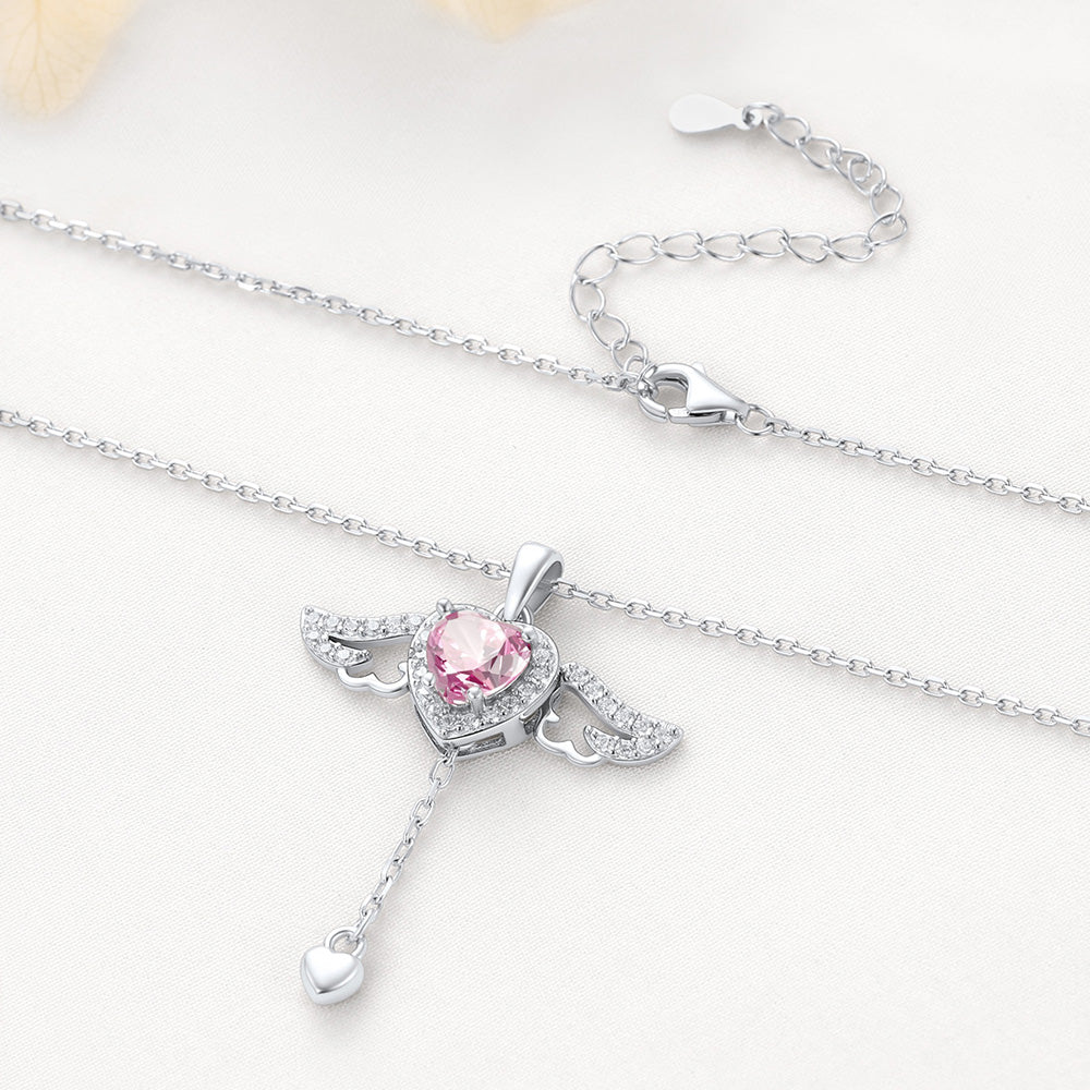 Sterling Silver Cupid Heart Birthstone Necklace With Angel Wings