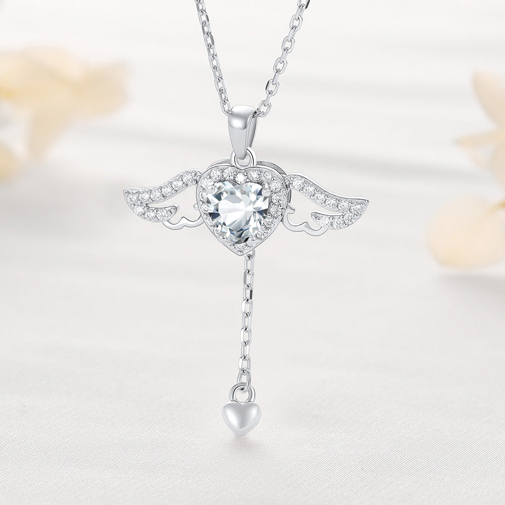 Sterling Silver Cupid Heart Birthstone Necklace With Angel Wings